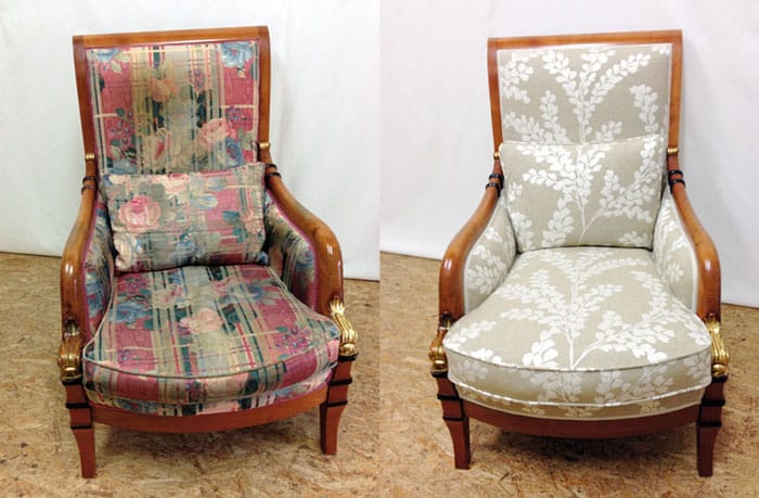 Gegenüberstellung: alter Sessel, neu bezogener und gepolsterter Sessel